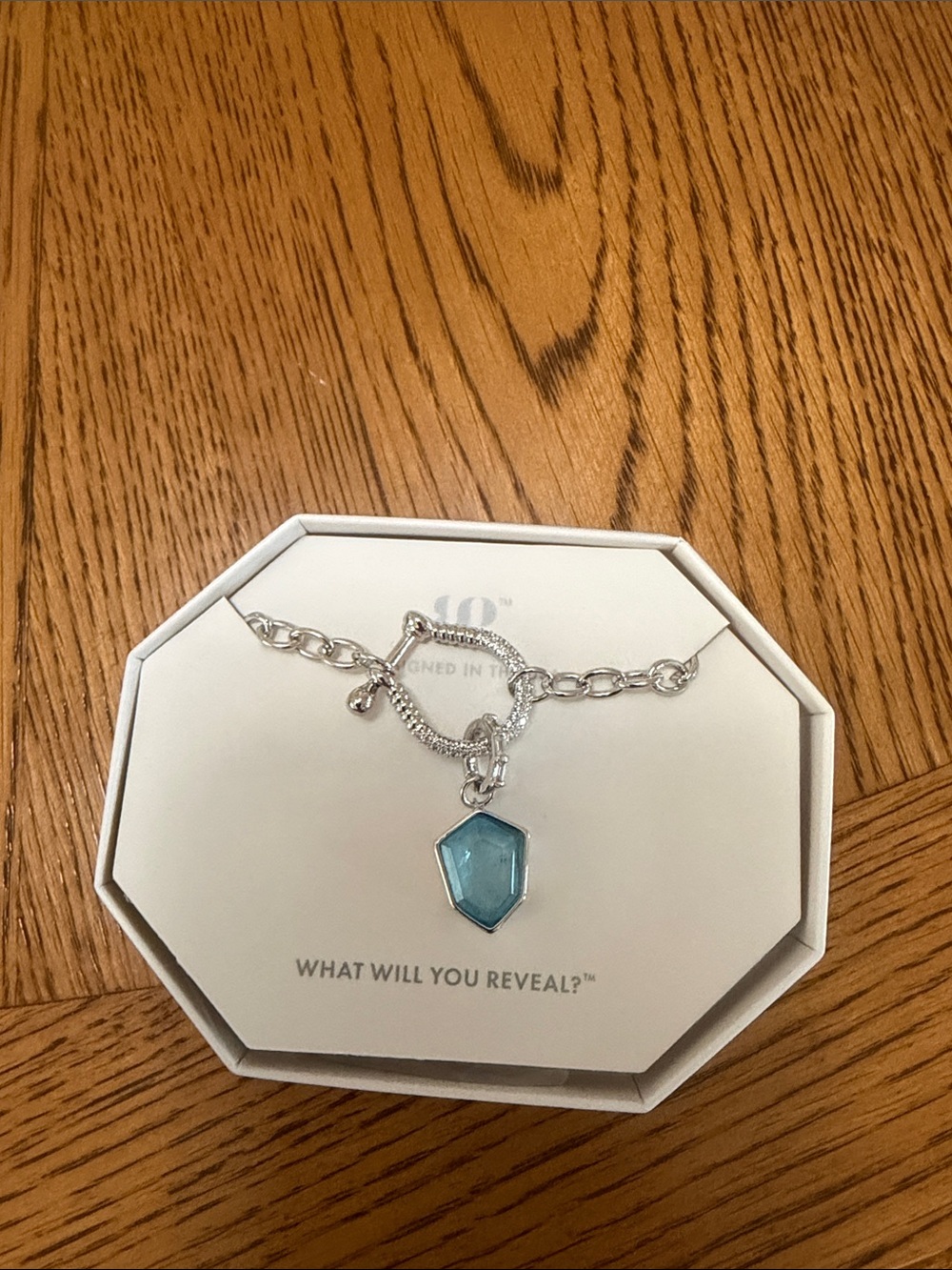 Silver Link Necklace with Light Blue Hex Gem Pendant - Women Jewelry